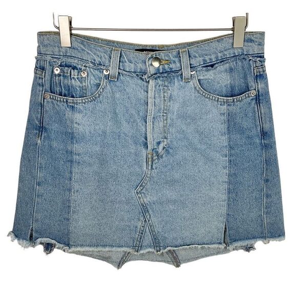 Reformation Blue Jigsaw Offset Pocket Raw Hem Denim Jean Mini Skirt 4 - Picture 1 of 7